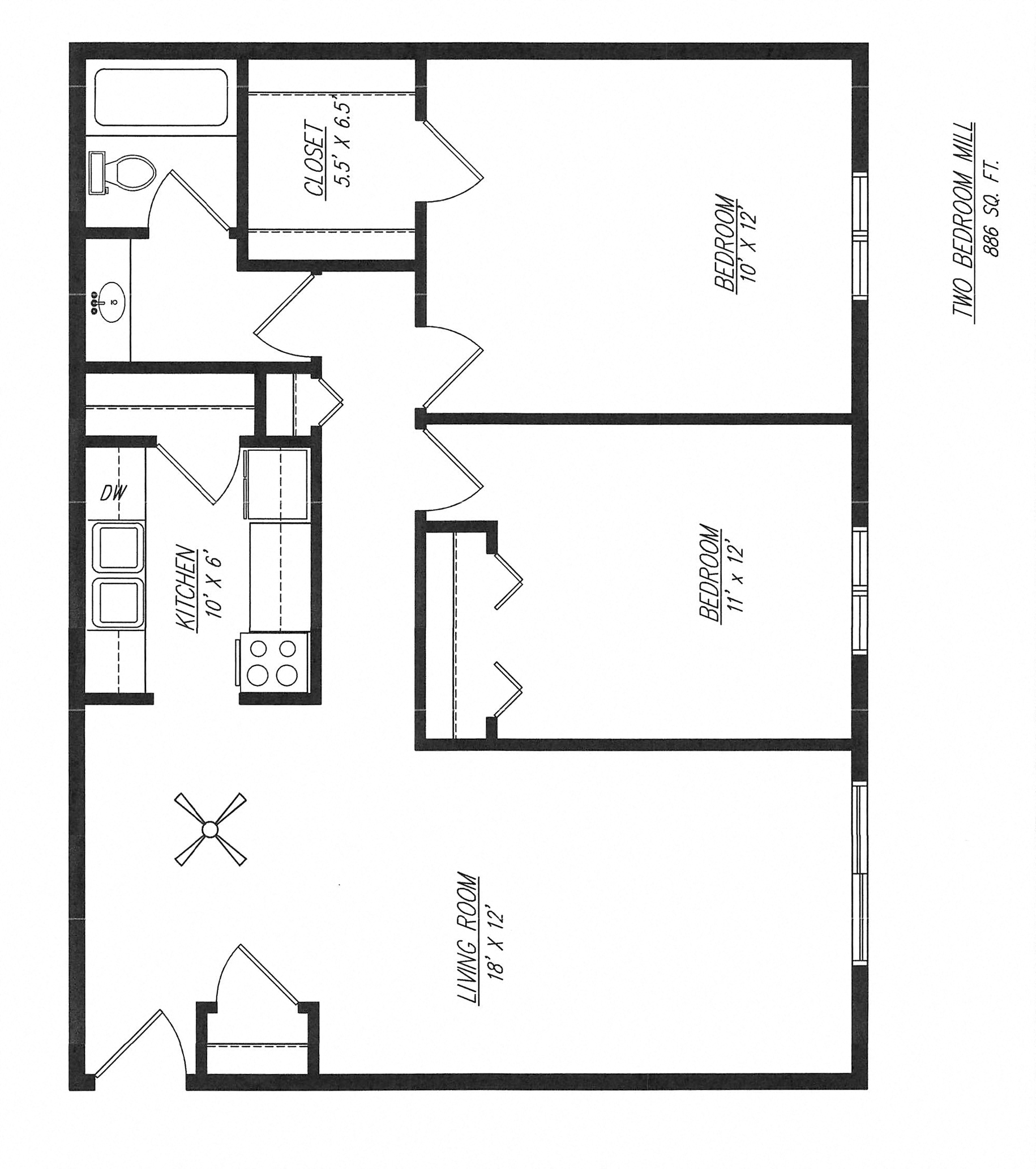 Floor plan for 2 beds, 1 bath, 980 sqft